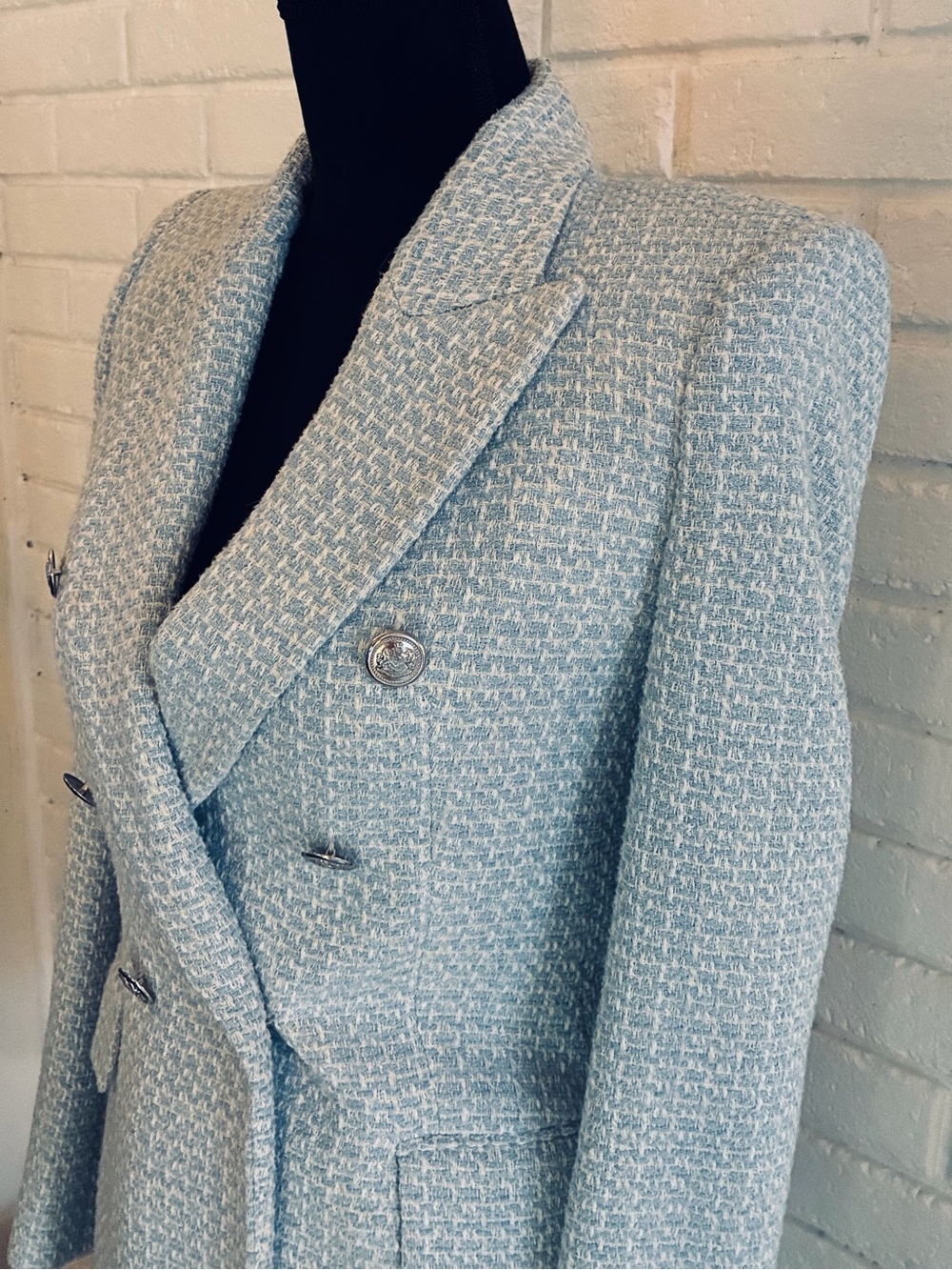 💙 ZARA Double-Breasted Tweed Blazer Jacket - Light Blue EUC XS - Picture 5 of 11